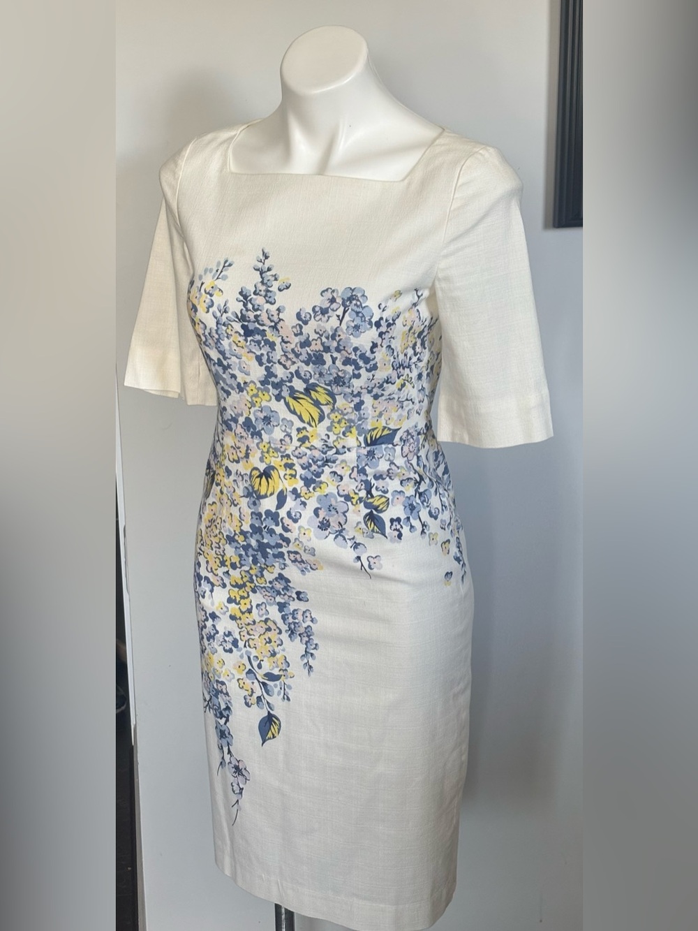 LK Bennett “Lasana” $355 Retail - Cream Blue and Yellow Floral Print Midi Dress